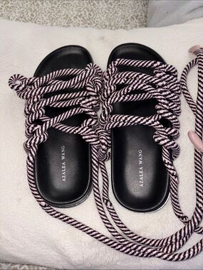 Azalea Wang Black Slide Sandals with Pink & Black Rope Straps
